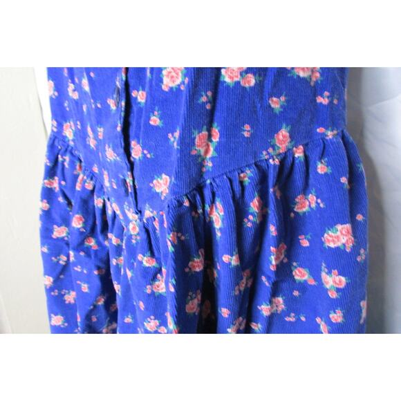 Blue Corduroy Jumper Dress All Over Roses Floral Print Small Vintage 1980s - Picture 4 of 7